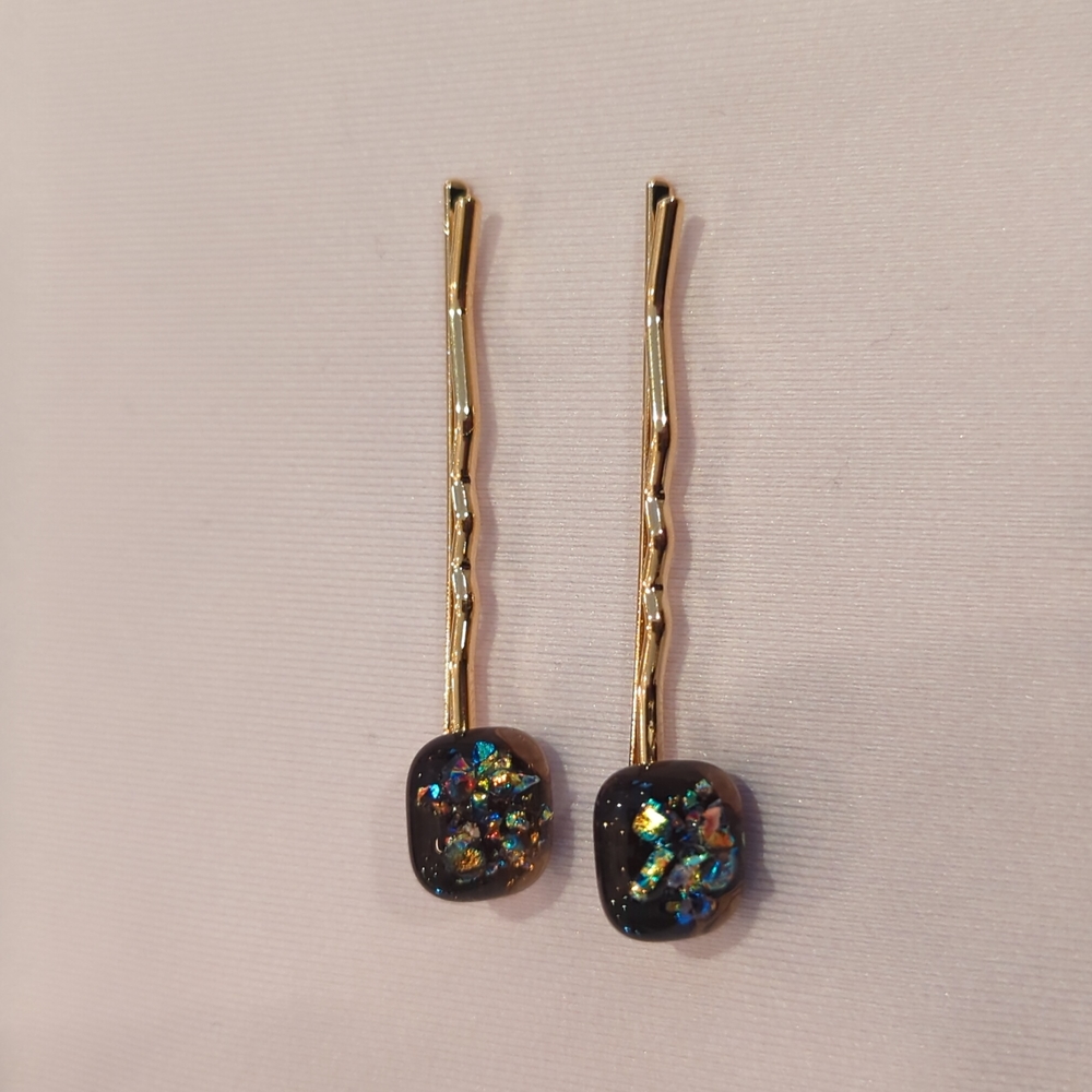 Fused glass black and gold barrettes with dicrotic glass sparkle!